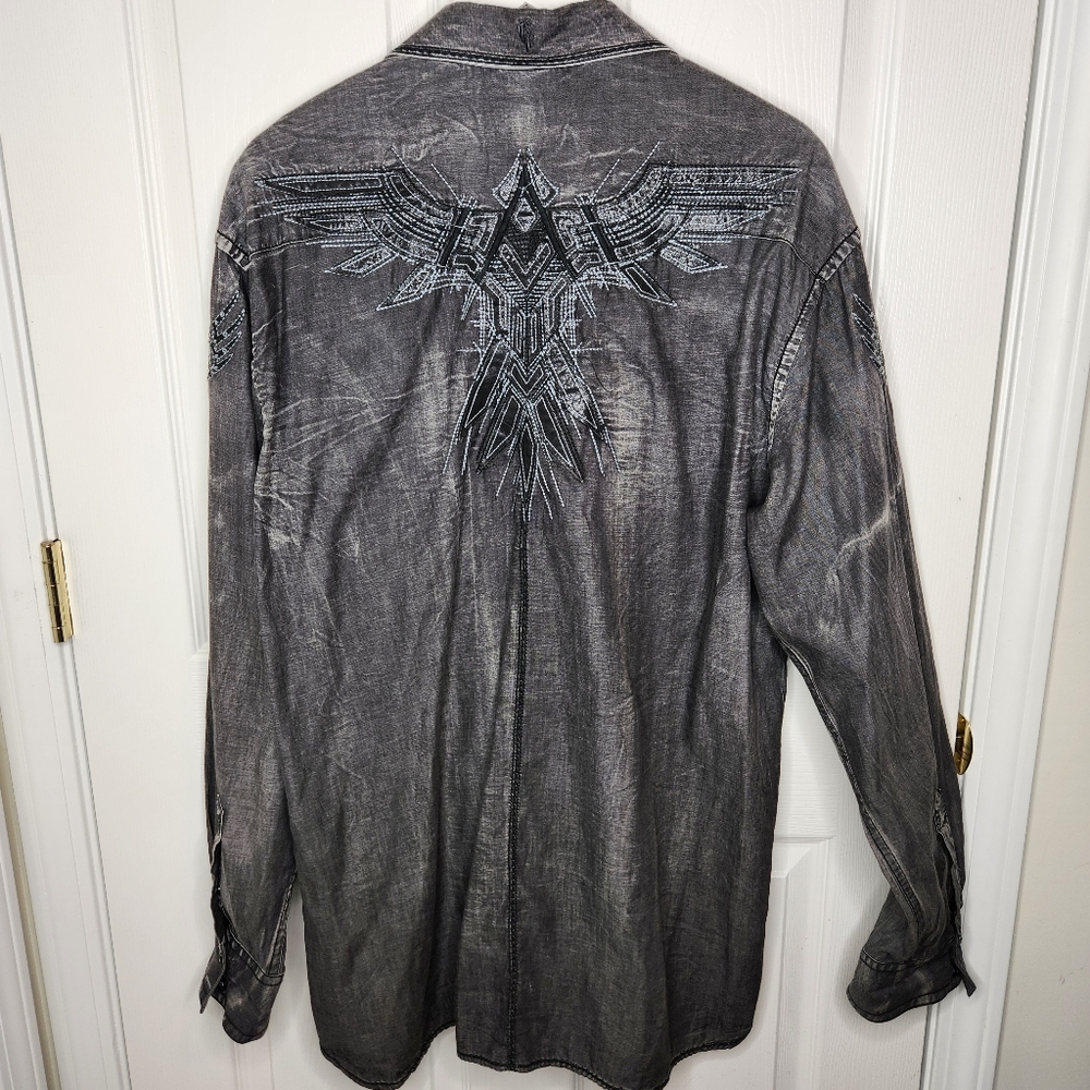 Roar Strength Redefined Reverant Black Gray Chambray Shirt Western Moto XXL